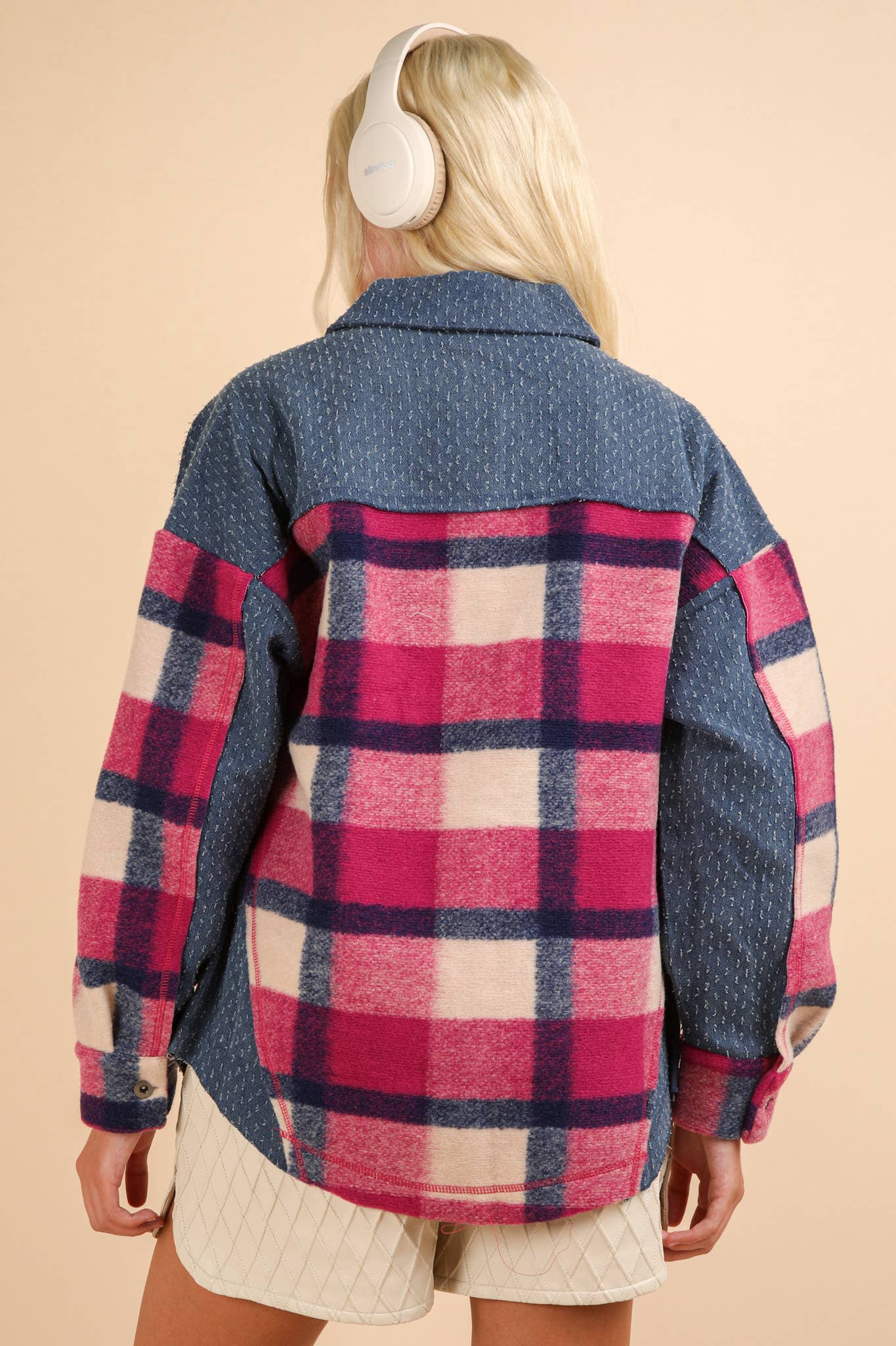 PLUS Denim Contrast Plaid Shacket Jacket