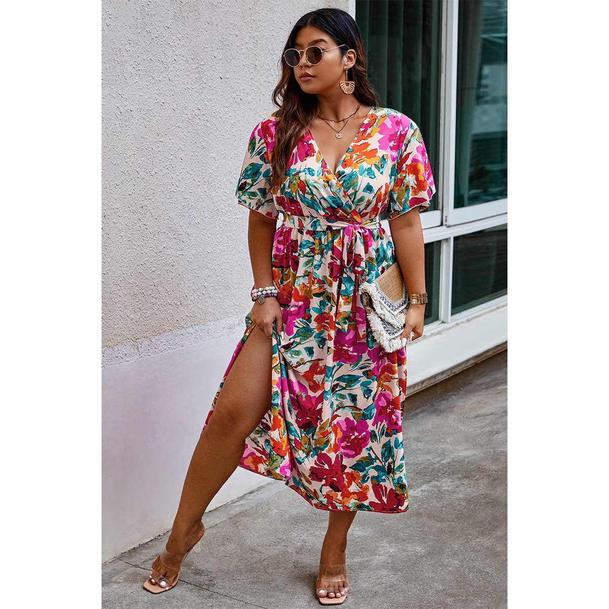 Plus Size Floral Print Wrap Style Dress