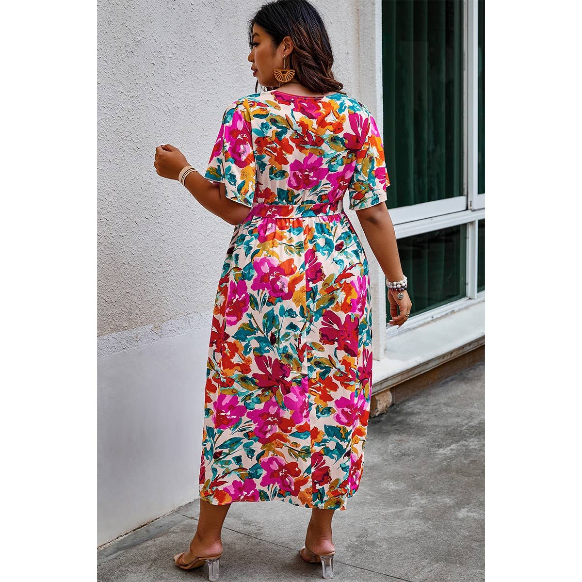 Plus Size Floral Print Wrap Style Dress