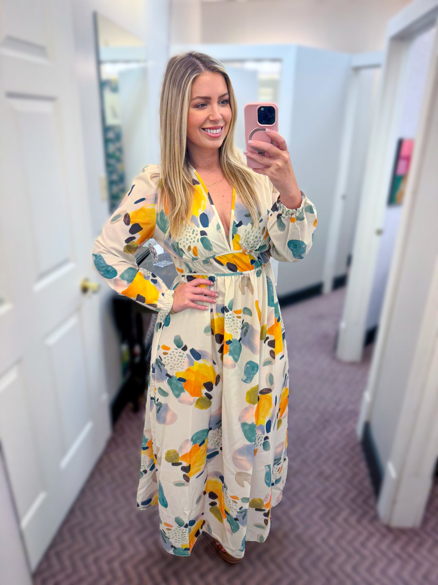 Summer Print Deep V Neck Elastic High Waist Maxi Dress