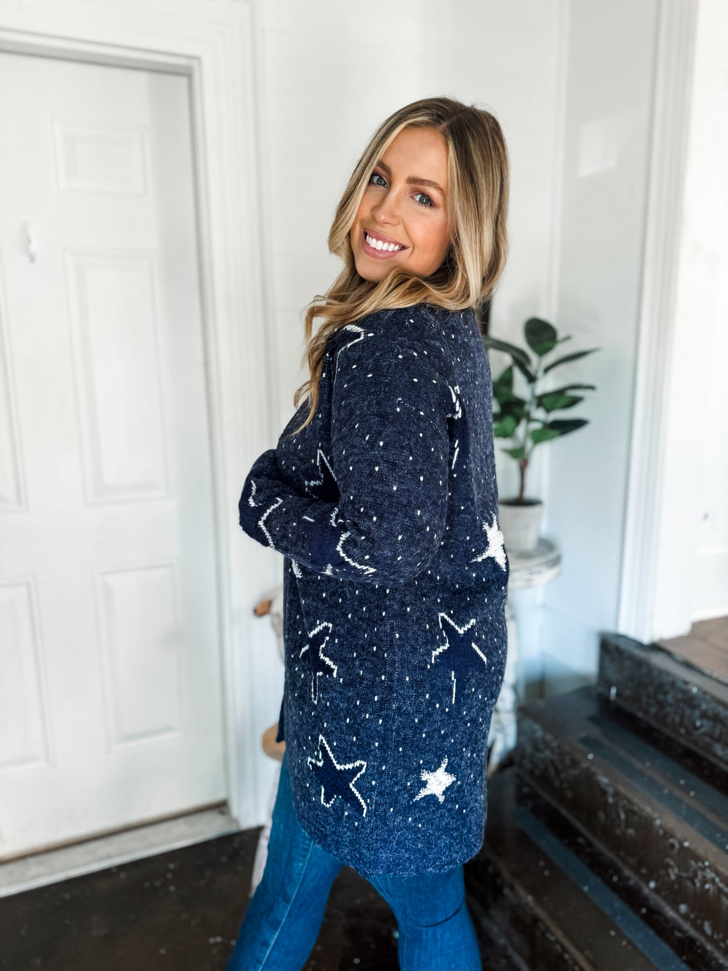 Navy Star Print Open Cardigan