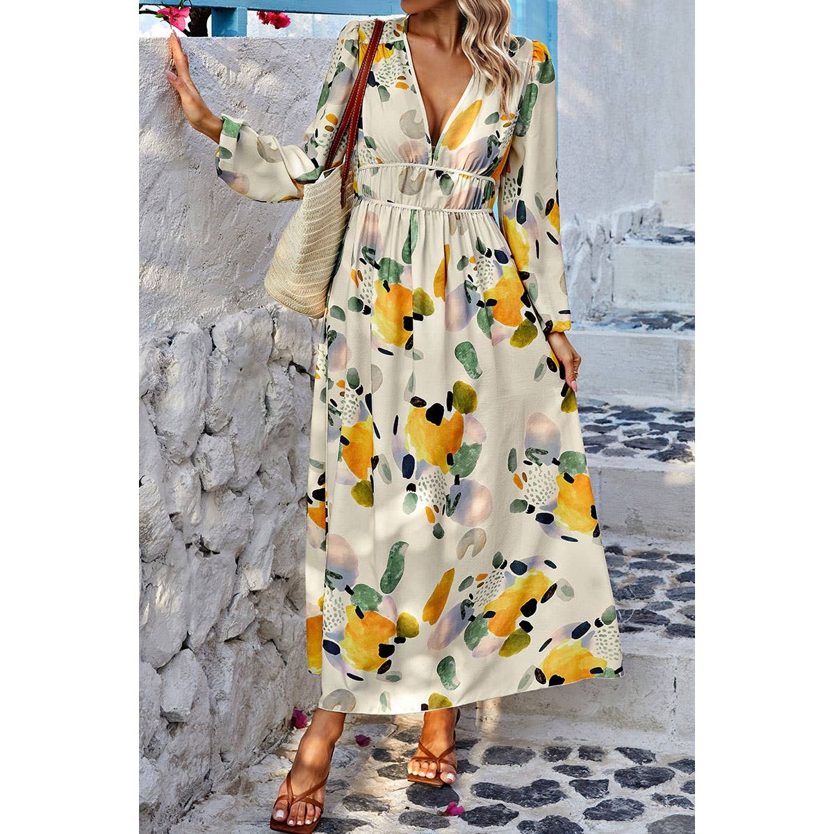 Summer Print Deep V Neck Elastic High Waist Maxi Dress