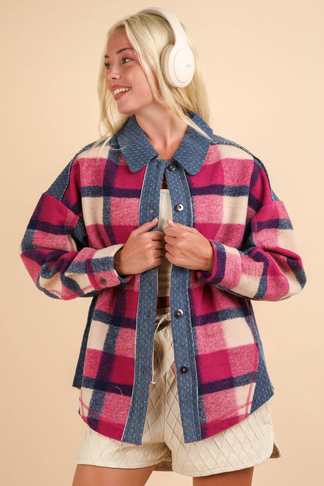 PLUS Denim Contrast Plaid Shacket Jacket