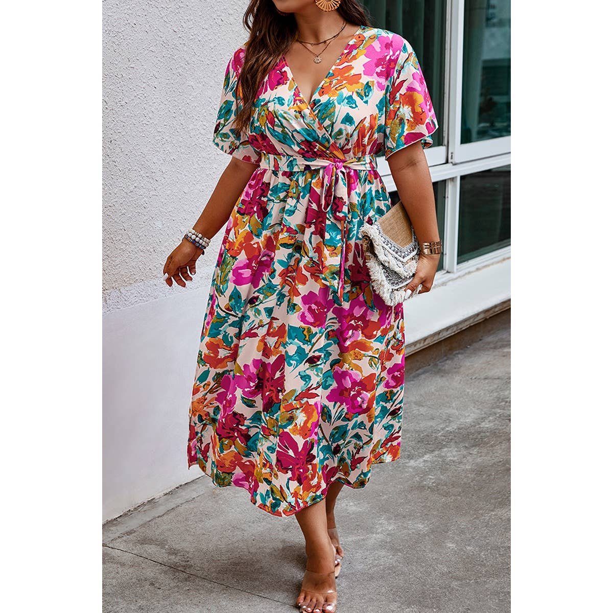 Plus Size Floral Print Wrap Style Dress
