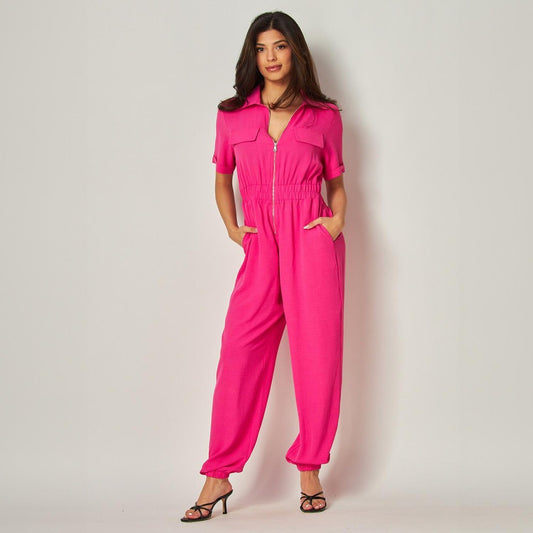 Hot Pink Front Zip Collared Jumpsuit