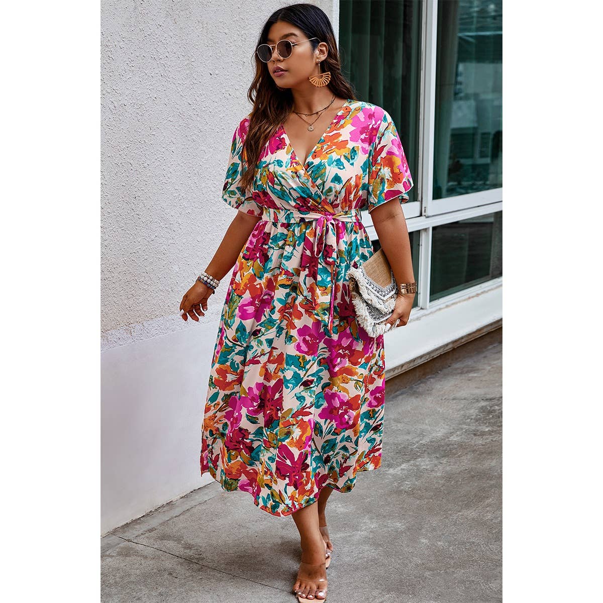 Plus Size Floral Print Wrap Style Dress