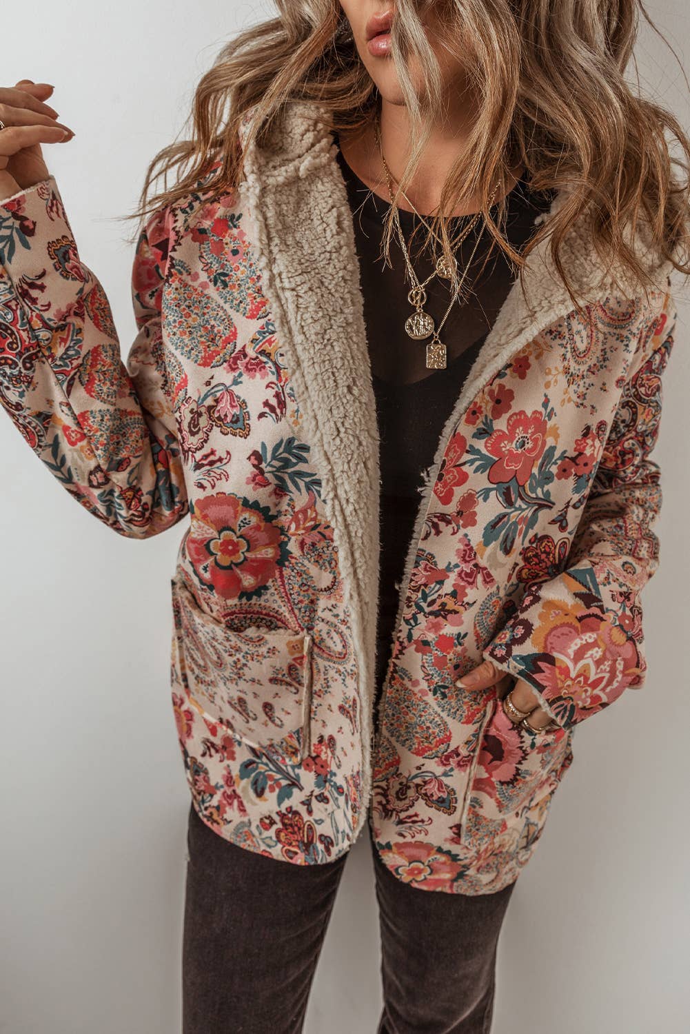 Vintage Paisley Floral Sherpa Lined Hooded Jacket S-3XL