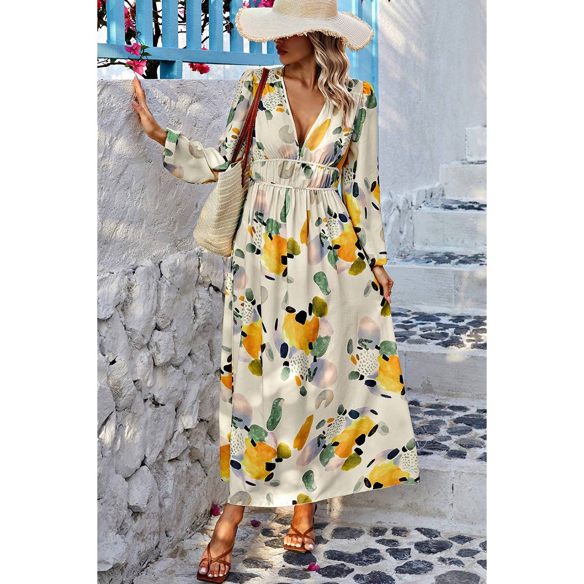 Summer Print Deep V Neck Elastic High Waist Maxi Dress