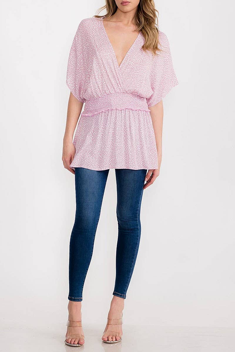 Pink Animal Print Surpliced V Neck Smock Waist Top