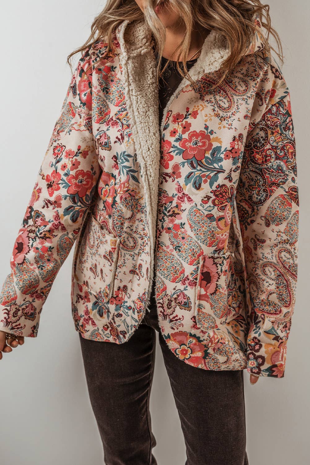 Vintage Paisley Floral Sherpa Lined Hooded Jacket S-3XL