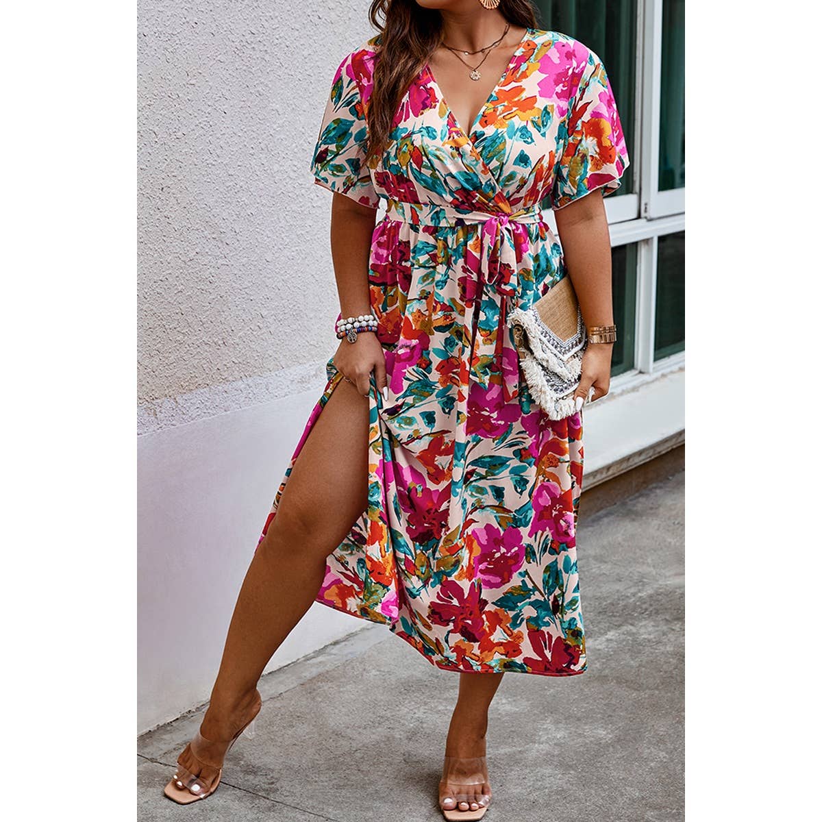 Plus Size Floral Print Wrap Style Dress