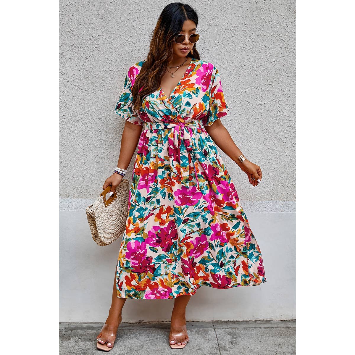 Plus Size Floral Print Wrap Style Dress