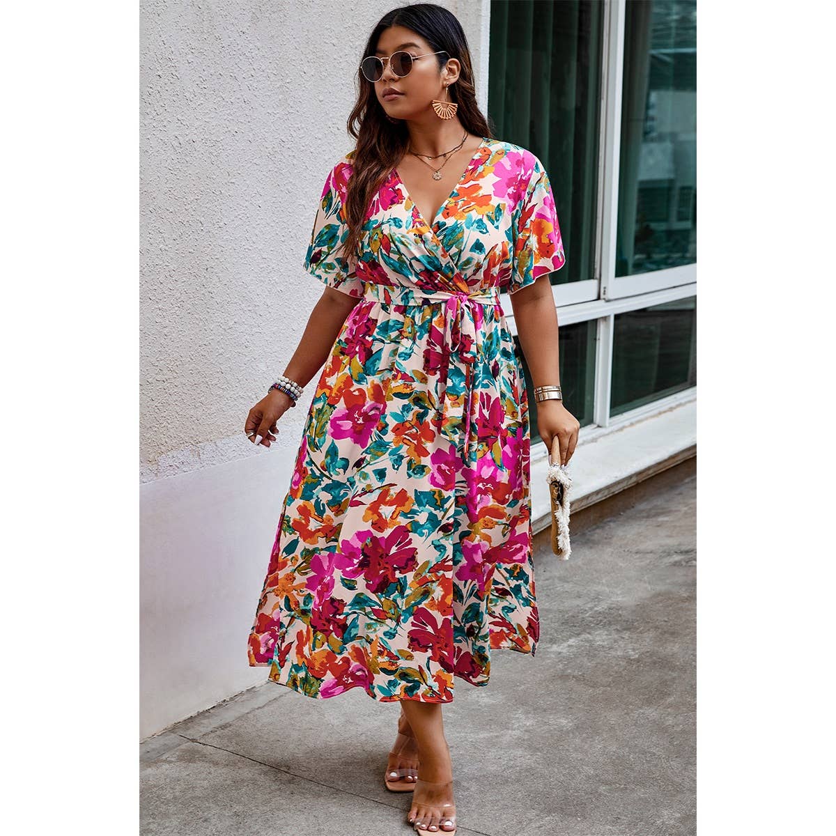 Plus Size Floral Print Wrap Style Dress