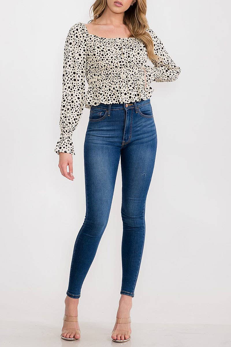 Cream & Black Animal Print Long Sleeve Smocked Detail Blouse Top