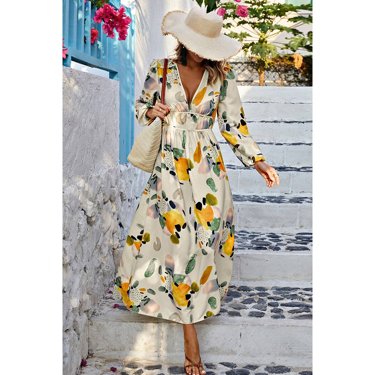 Summer Print Deep V Neck Elastic High Waist Maxi Dress