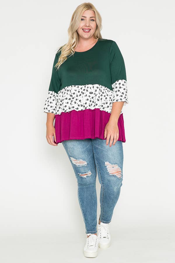 Plus Size Color Blocked Floral Babydoll Top