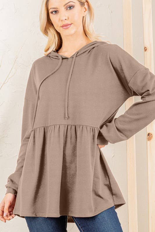 Mocha Hooded Top with Ruffled Detail S-3XL