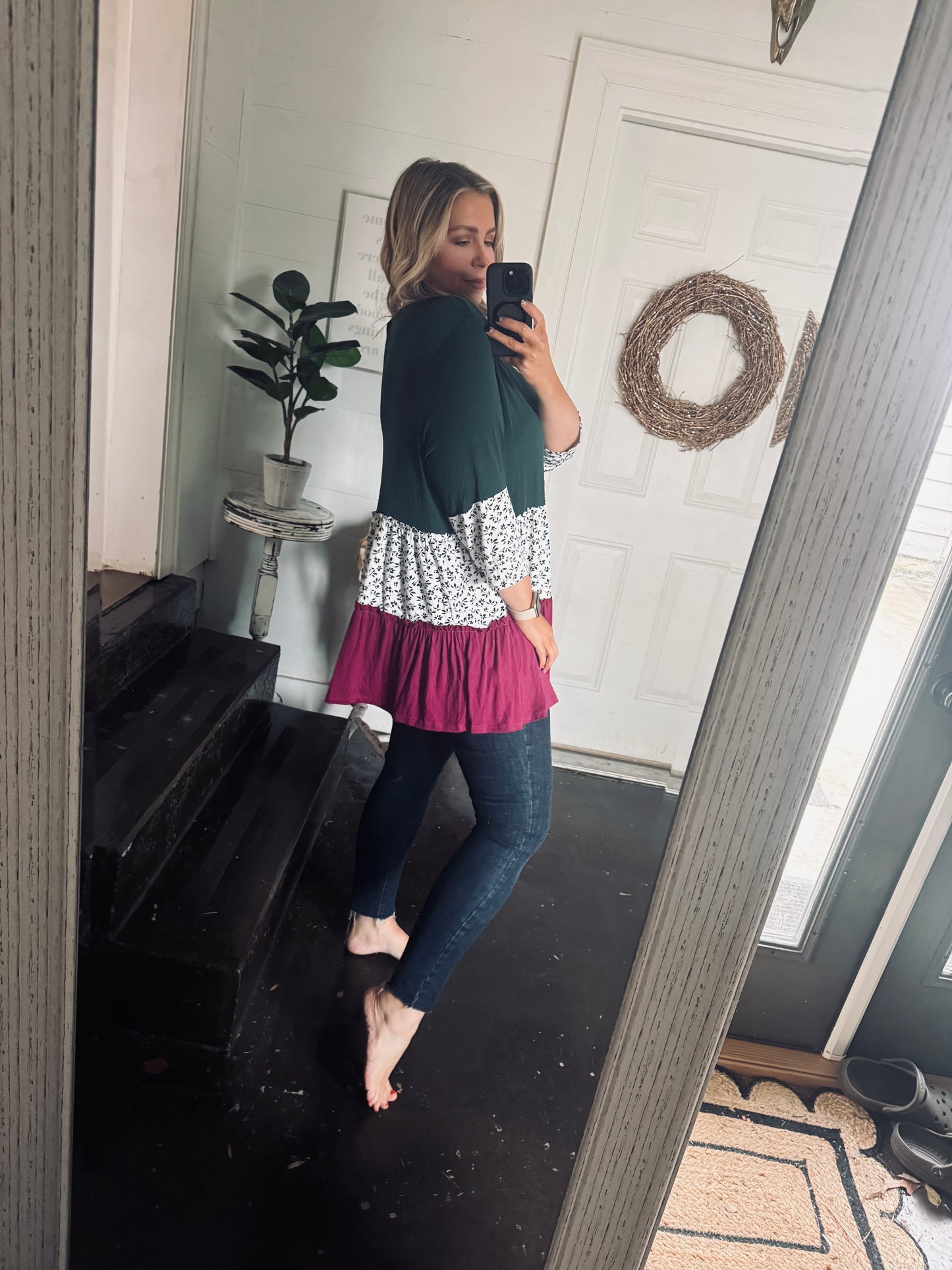 Plus Size Color Blocked Floral Babydoll Top