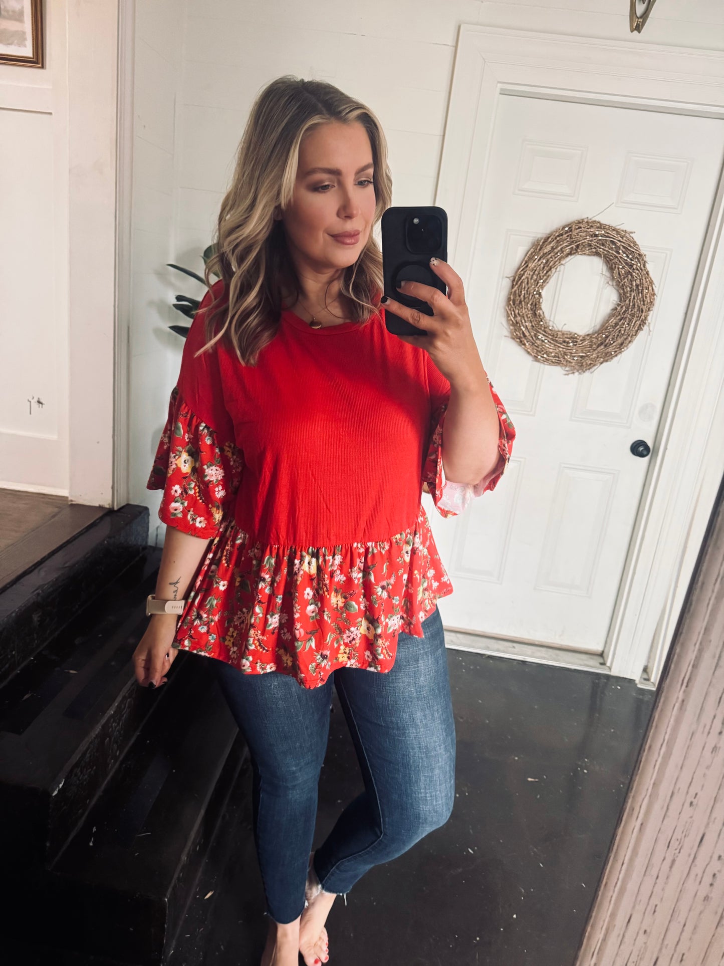 Plus Size Red Floral Baby Doll Top