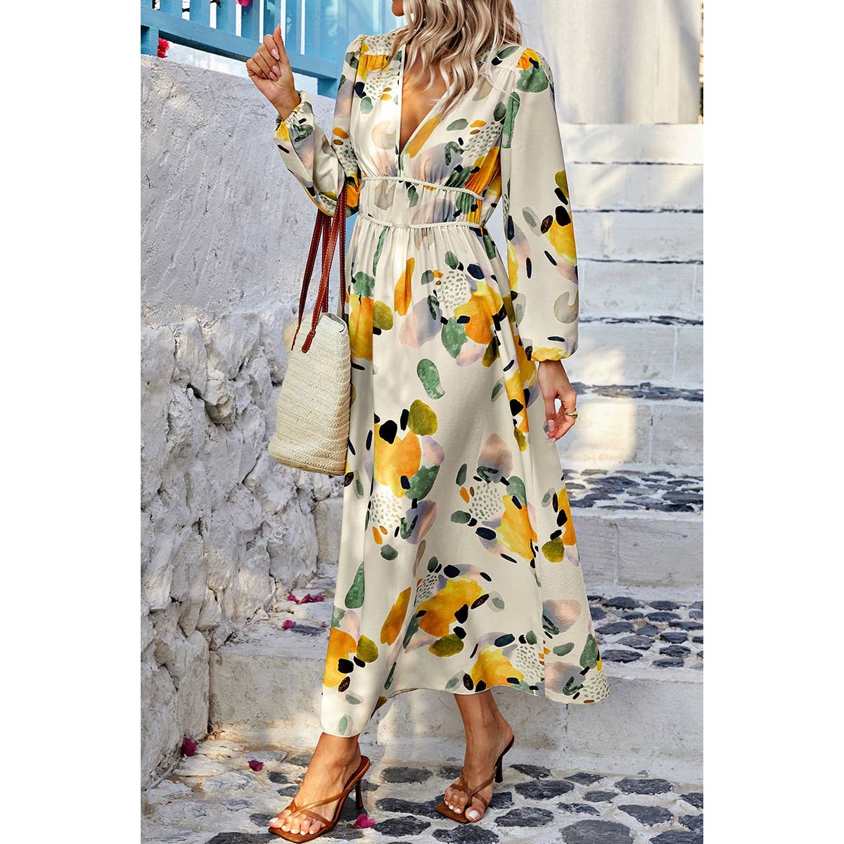 Summer Print Deep V Neck Elastic High Waist Maxi Dress
