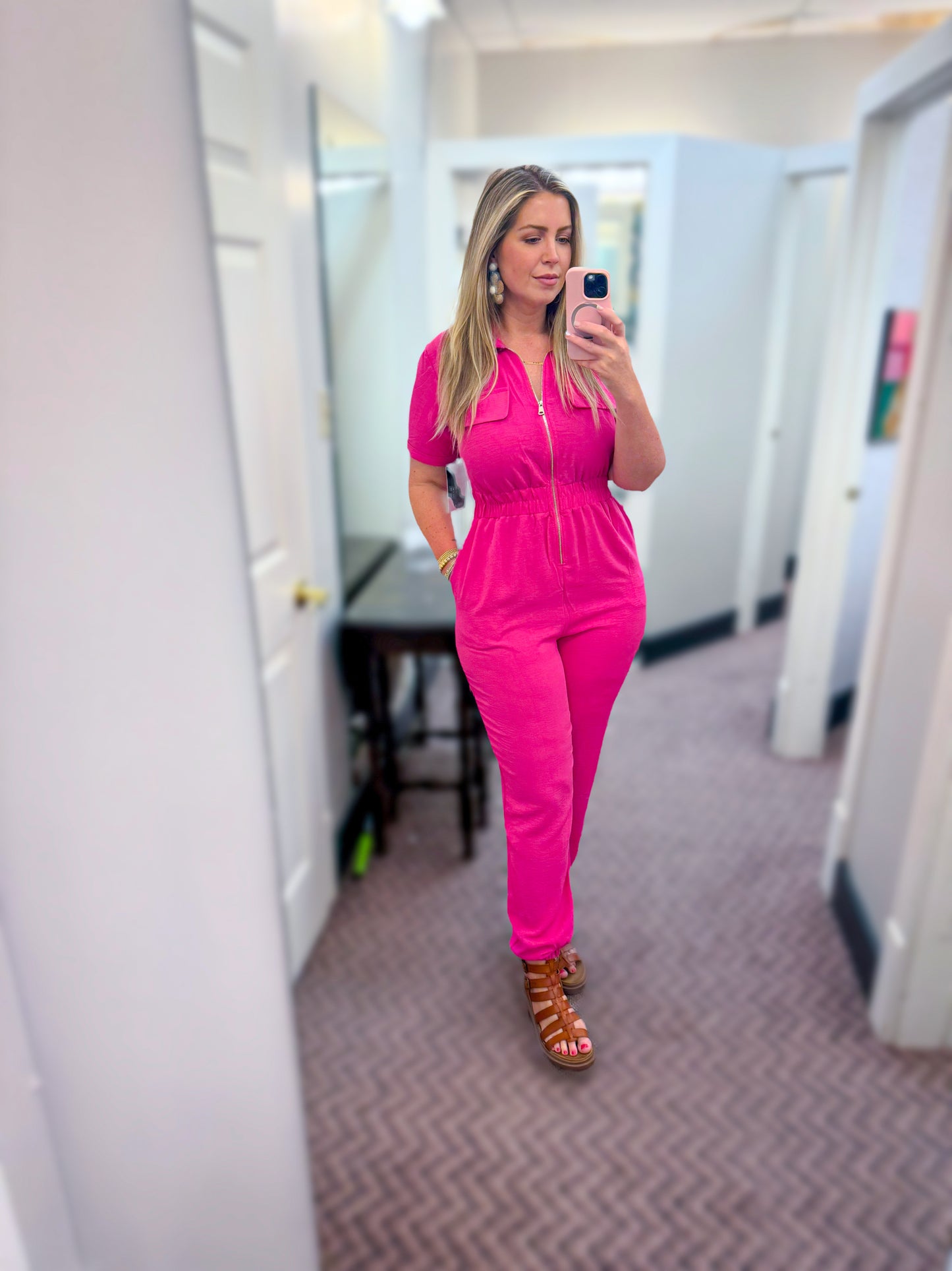 Hot Pink Front Zip Collared Jumpsuit