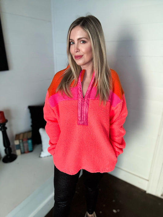 Neon Pink and Orange Color Block Faux Fur Pullover Top