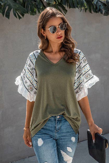 V Neck Ruffle Short Sleeve Solid Top #4