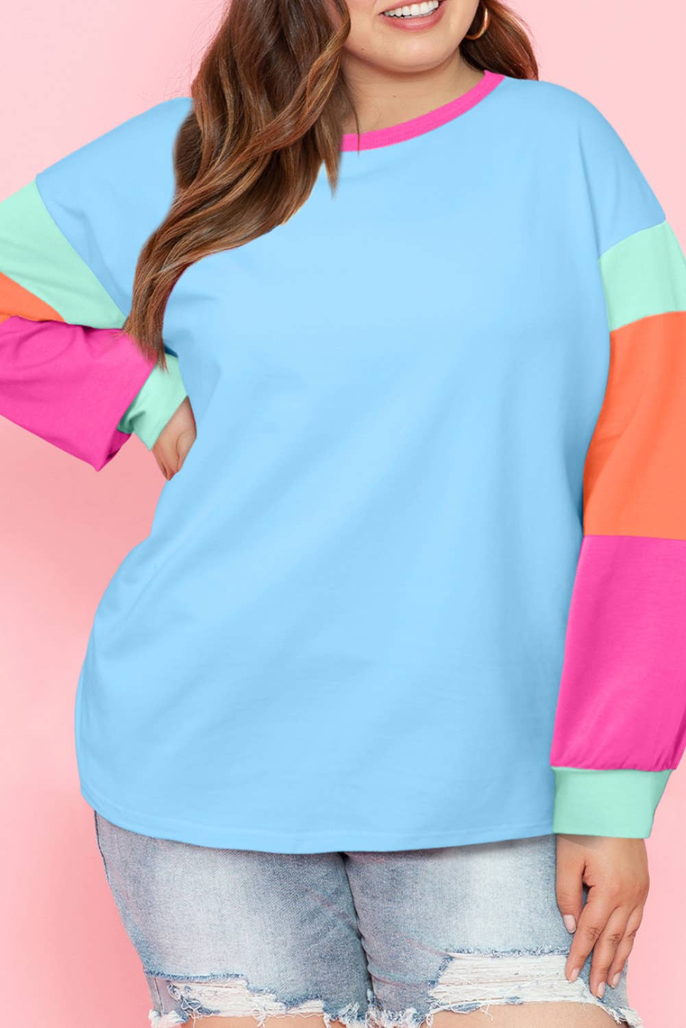 Blue and Pink Color Block Round Neck Long Sleeve Top (S-2XL)