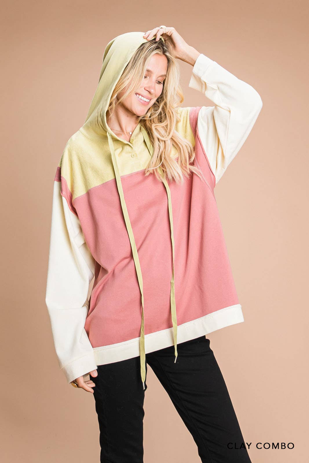 Soft Cotton French Terry Color Blocked Hood Pullover