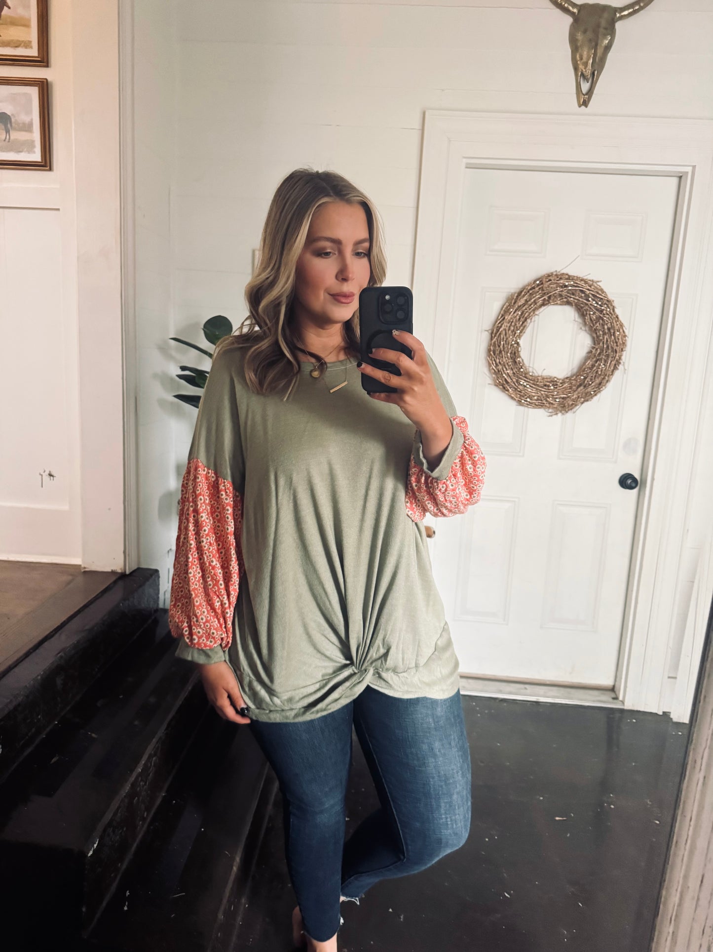 Plus Size Floral & Solid Color Blocked Top