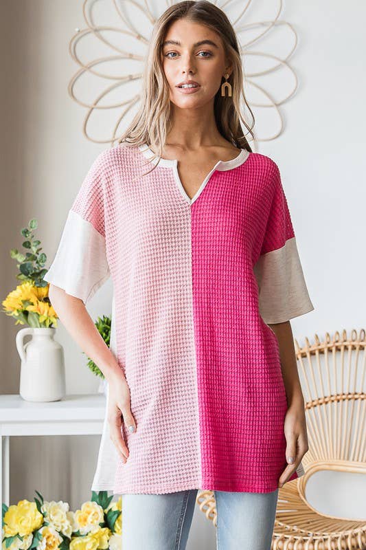 Pink Waffle Color Block Top with Half Sleeve S-3XL