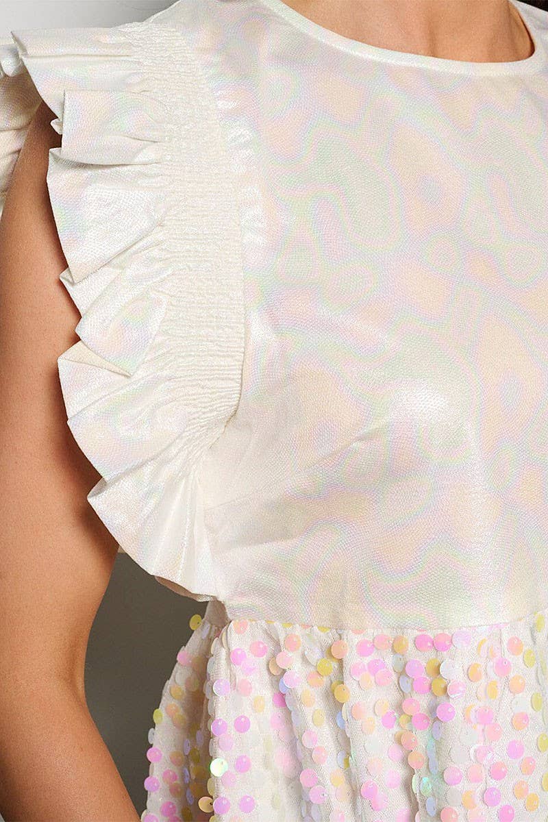White Ruffle Sleeve Shimmer Sequin Peplum Blouse Top