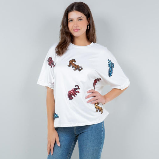 Oversized Cropped Boxy Tee With Sequin Tigers
