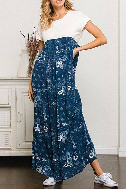 Blue & White Floral Color Block Loose Fit Maxi Dress