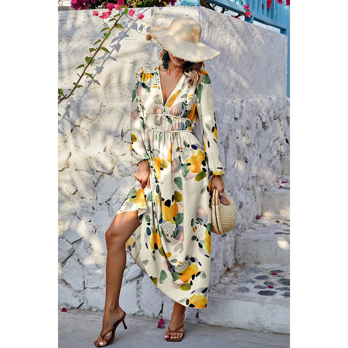 Summer Print Deep V Neck Elastic High Waist Maxi Dress