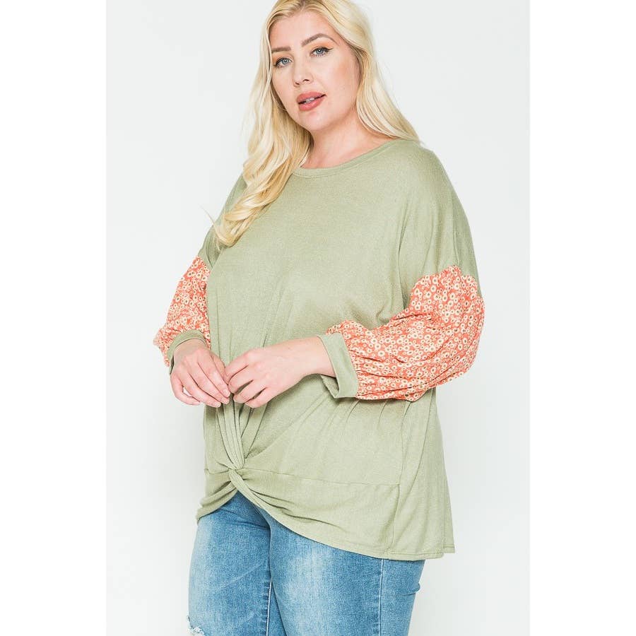 Plus Size Floral & Solid Color Blocked Top