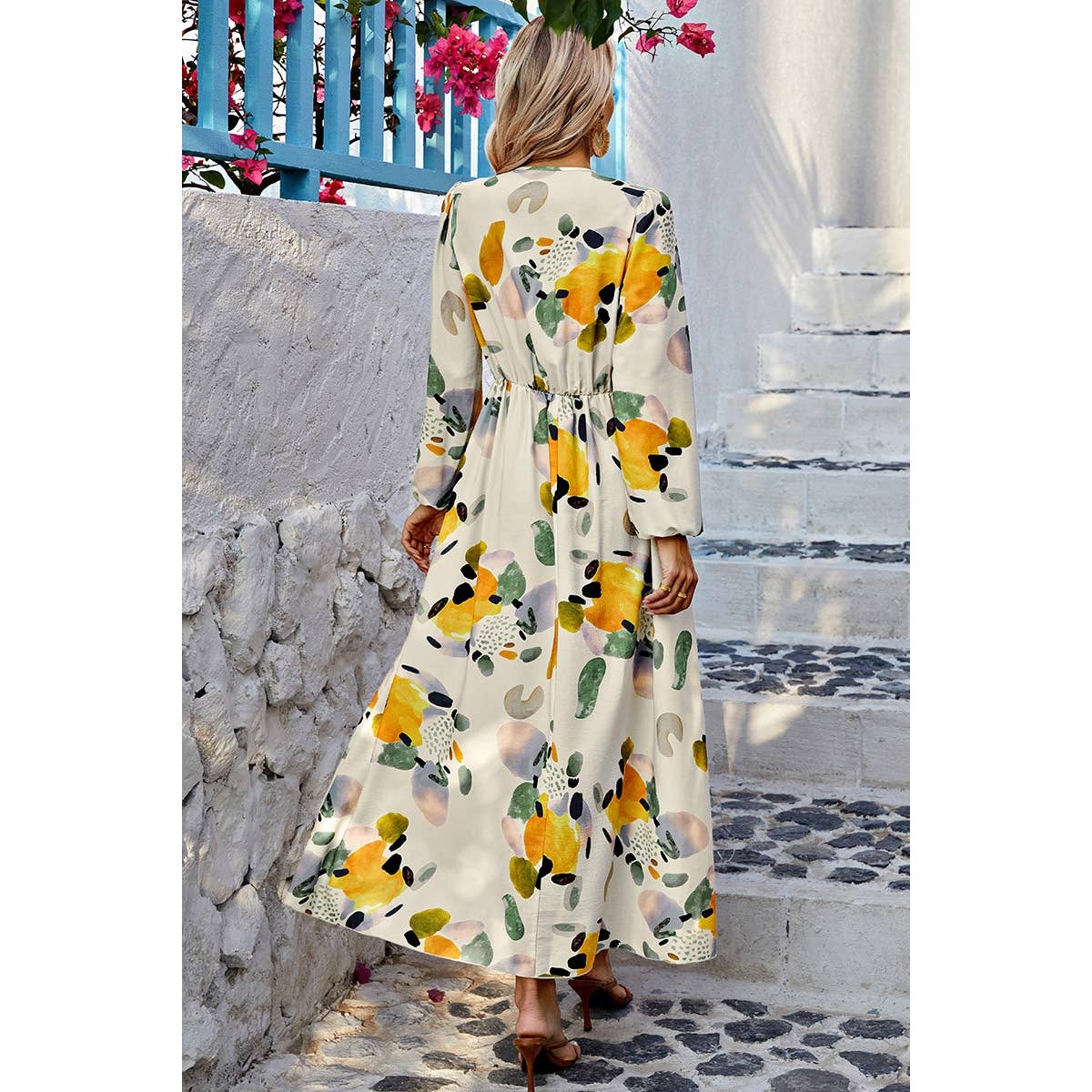 Summer Print Deep V Neck Elastic High Waist Maxi Dress