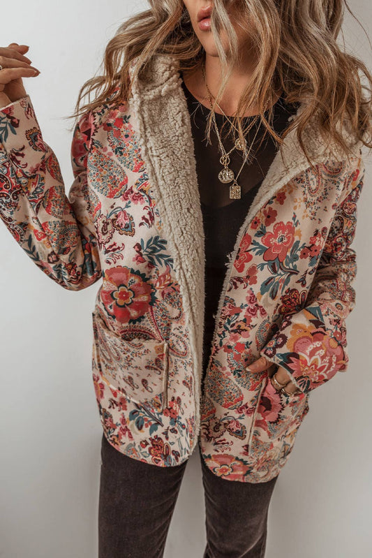 Vintage Paisley Floral Sherpa Lined Hooded Jacket S-3XL