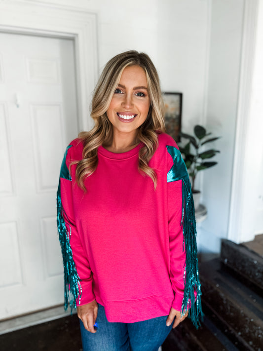 Hot Pink Long Sleeve Sweatshirt with Teal Star and Fringe Sleeve Detail