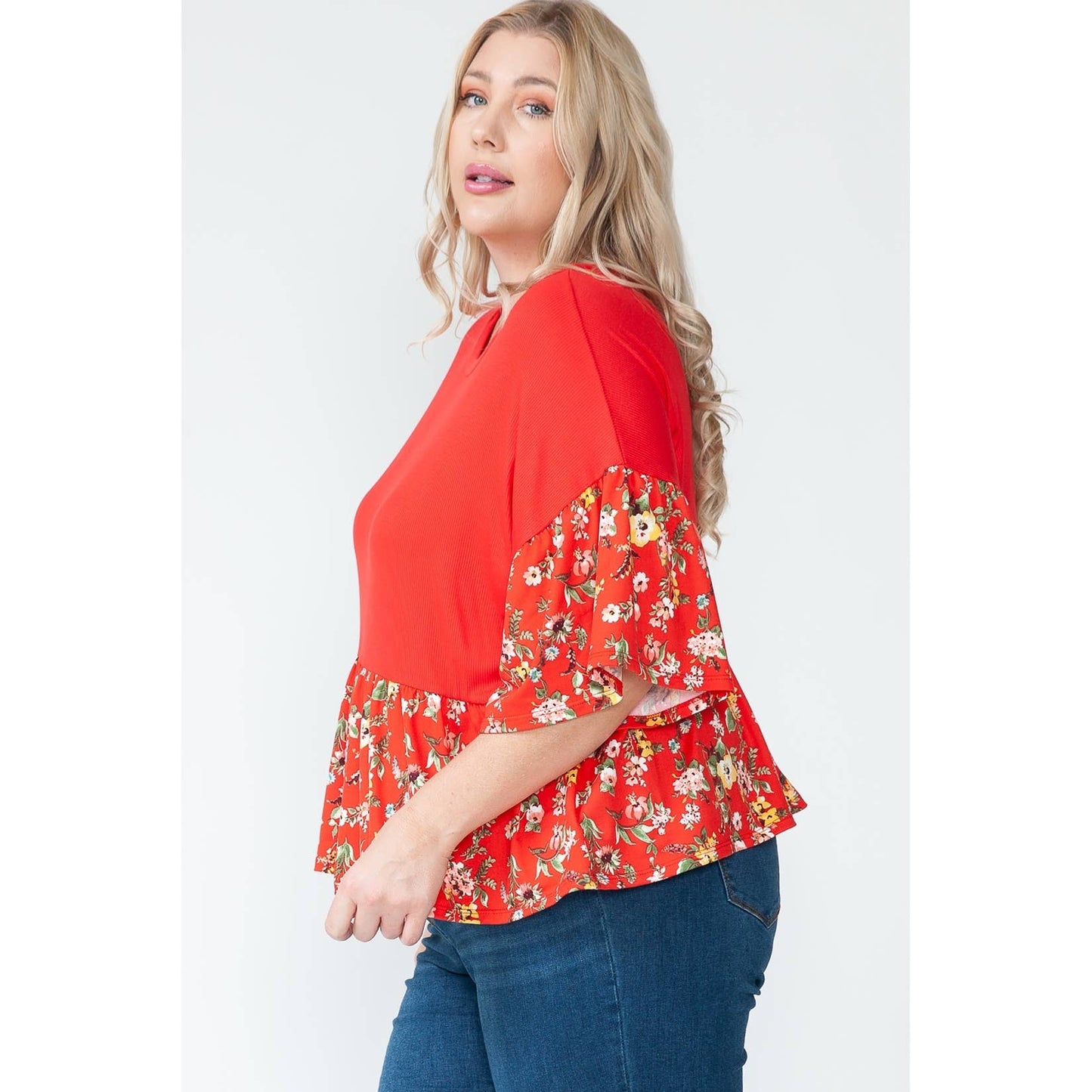 Plus Size Red Floral Baby Doll Top