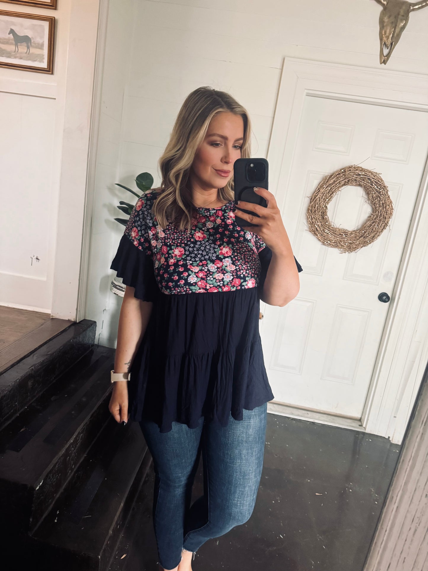 Plus Size Navy Floral-Print Ruffle Tiered Babydoll Blouse Top
