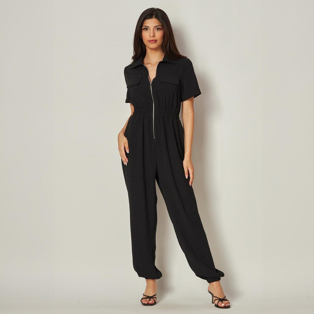 Hot Pink Front Zip Collared Jumpsuit