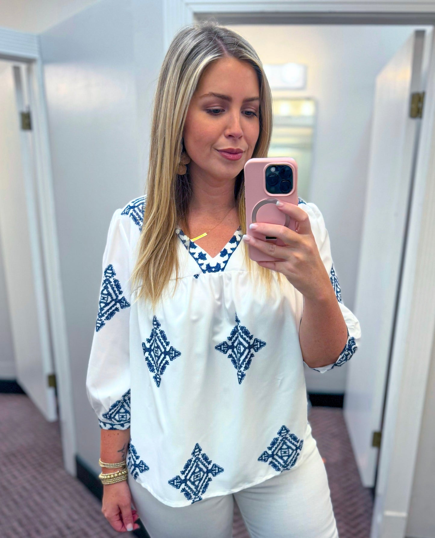 Plus Size Deep V Printed Loose Elastic Sleeve Top