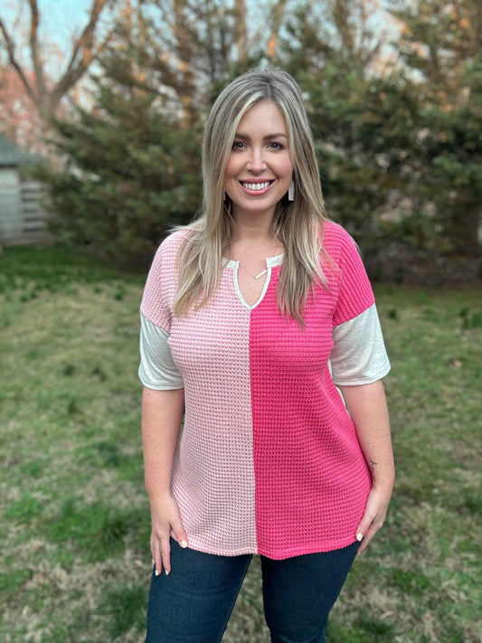Pink Waffle Color Block Top with Half Sleeve S-3XL