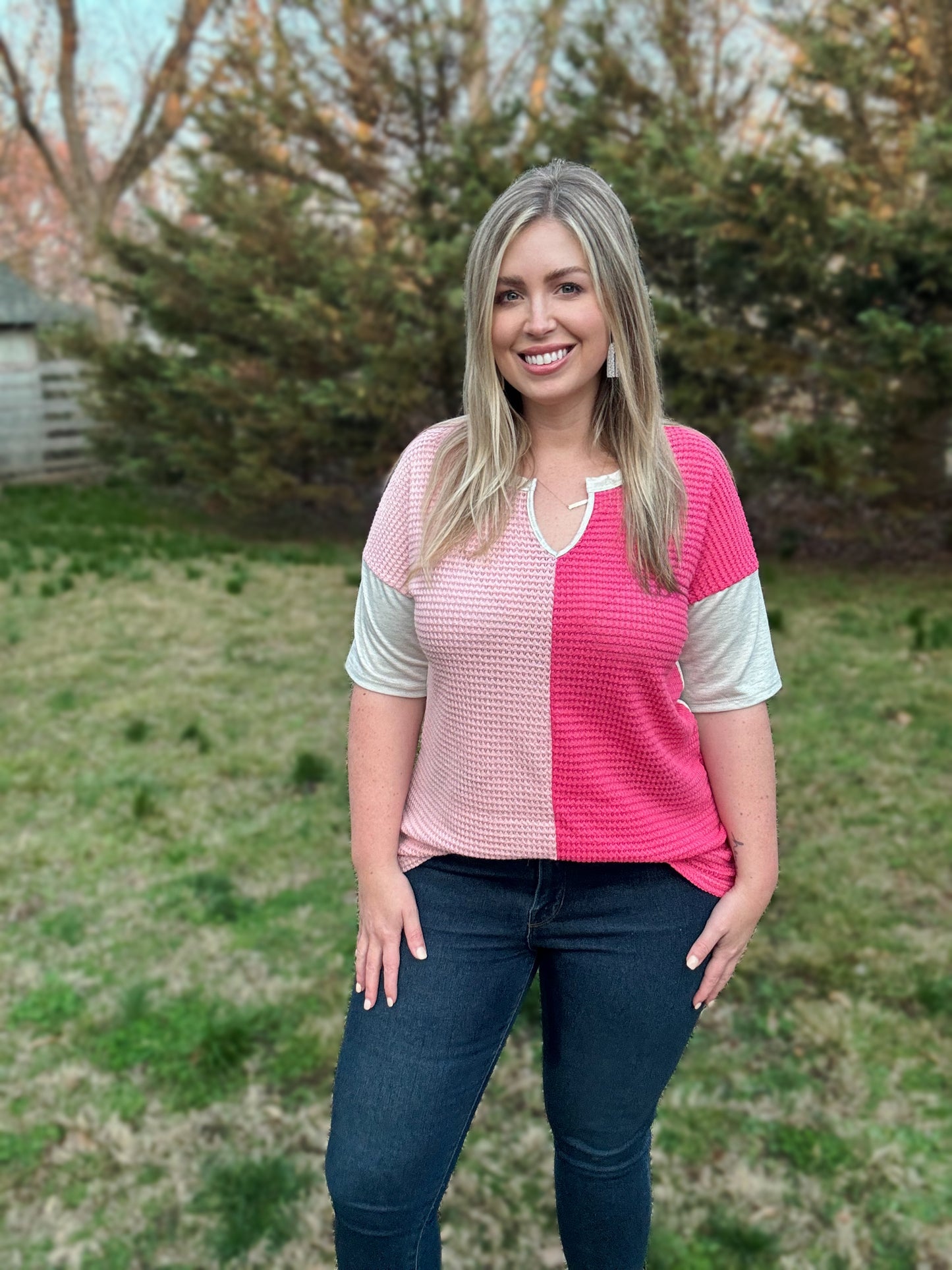 Pink Waffle Color Block Top with Half Sleeve S-3XL