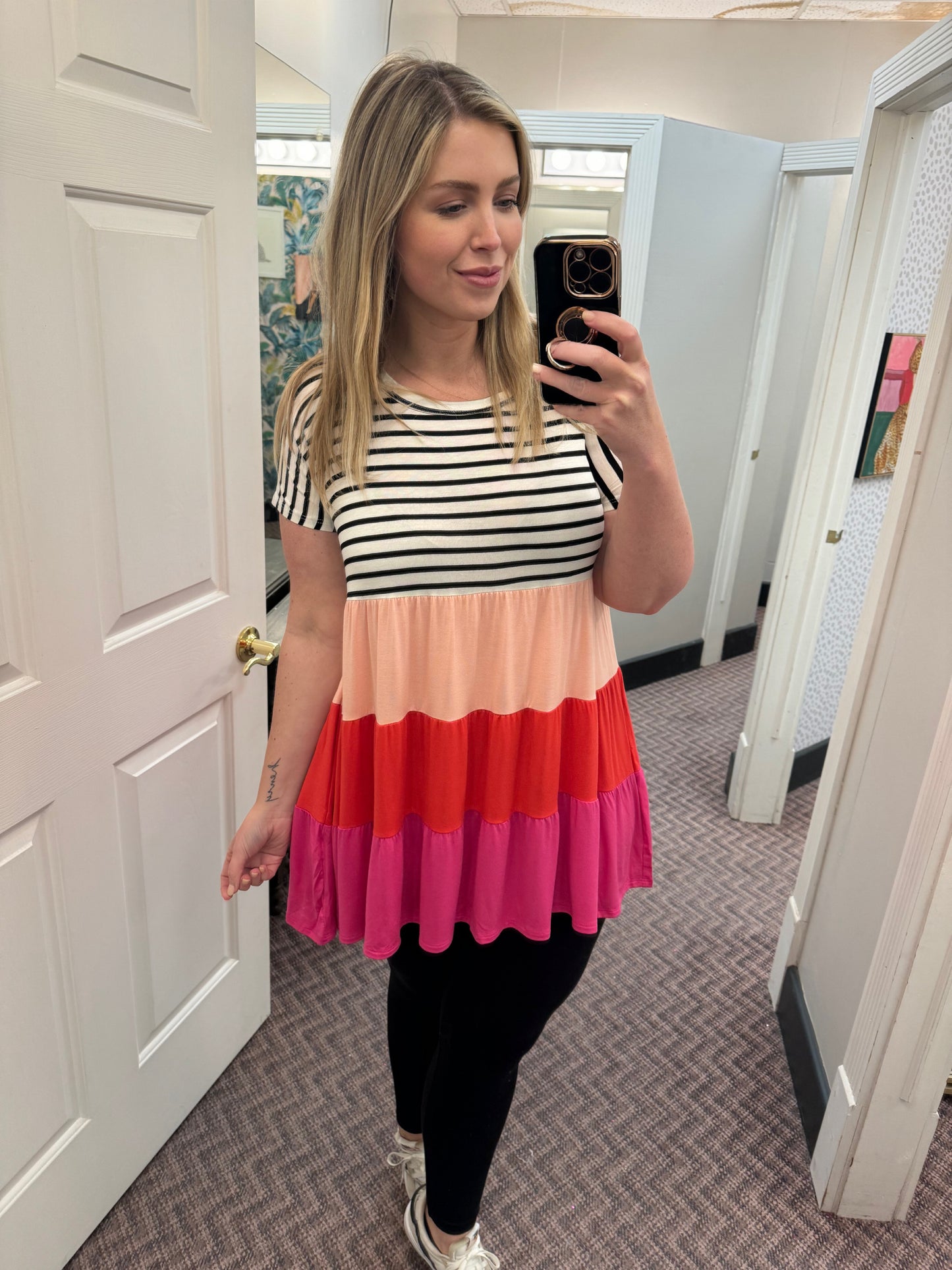 Pink and Stripe Color Block Tiered Top S-3XL