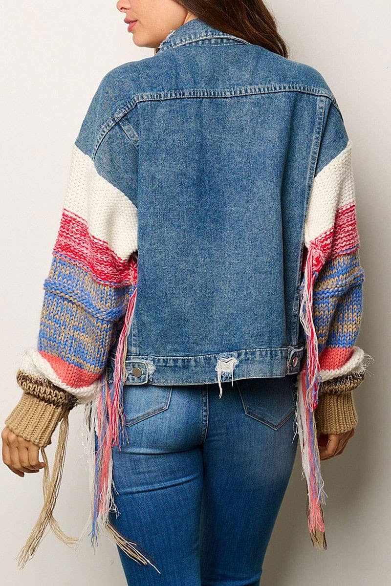 Denim Jacket with Multi Color Sweater Sleeves