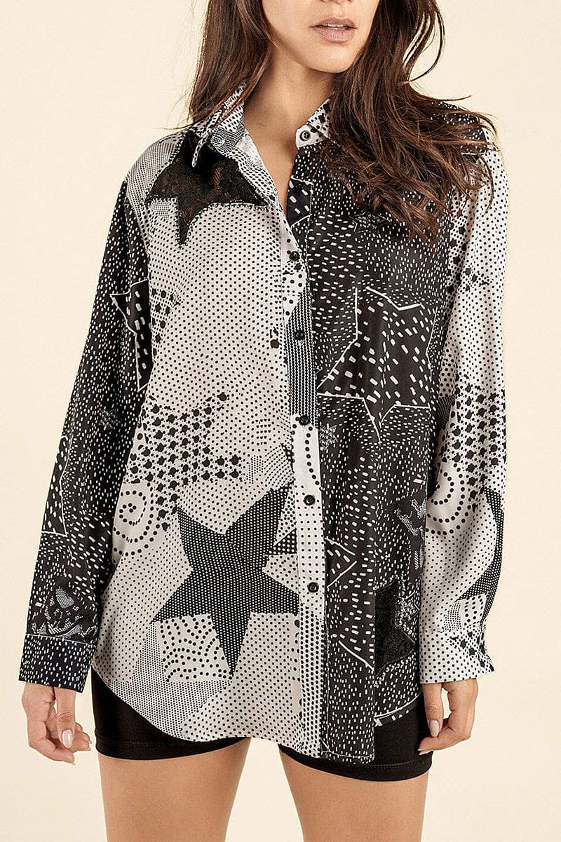 Long Sleeve Button Up with Stud and Lace Detail