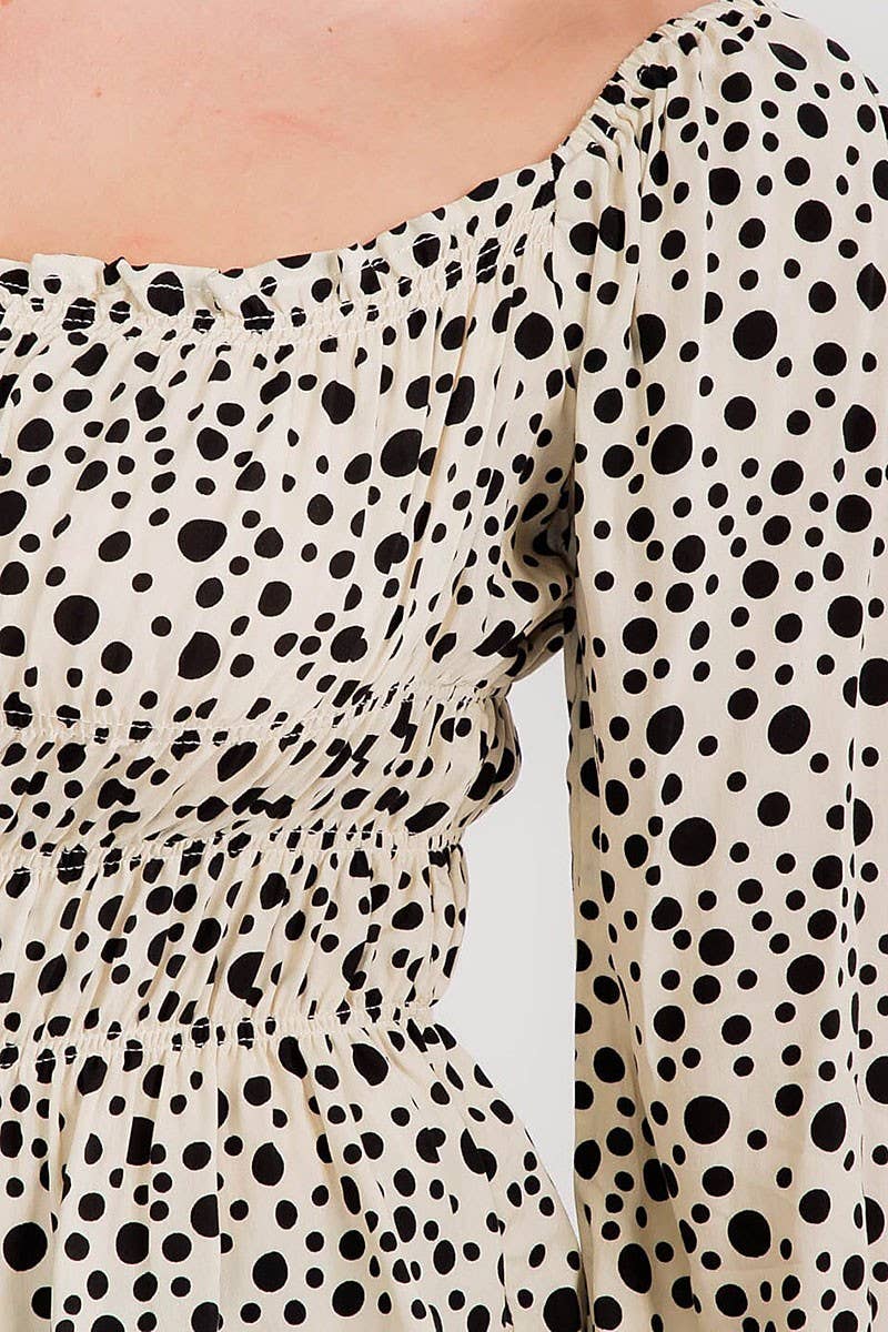 Cream & Black Animal Print Long Sleeve Smocked Detail Blouse Top