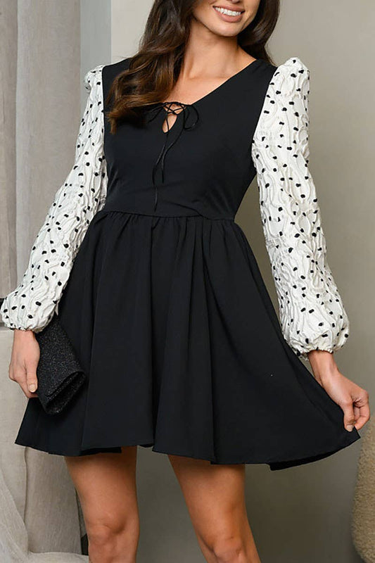 Textured Detail Puff Sleeve Fit and Flare Dress